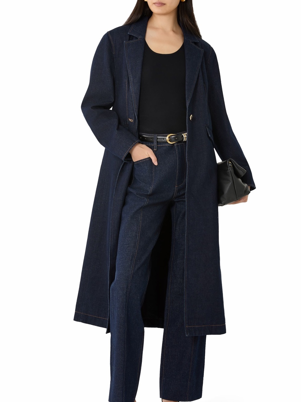 Paige Symone Long Length Button Closure Dark Denim Trench Coat NEW Size 10 $549
